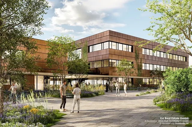 Rendering eines braunen Gebäudes mit viel Grün