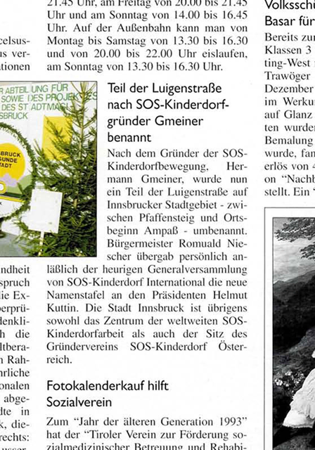 „Teil der Luigenstraße nach SOS-Kinderdorf-Gründer Gmeiner benannt“: Auszug aus den „Innsbrucker Stadtnachrichten“ von 1993 zur Umbenennung des Straßenabschnitts in „Hermann-Gmeiner-Straße“. | Foto: Stadtarchiv/Stadtmuseum Innsbruck