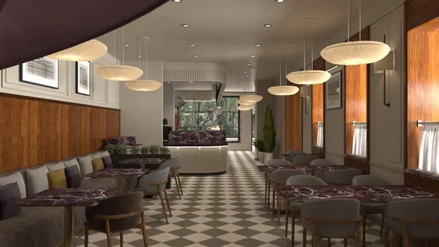 Im Erdgeschoss ist ein Café- und Restaurantbereich geplant. (Visualisierung) | Foto: The Roof Gastro GmbH