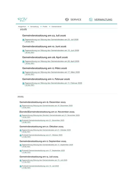 Datenquelle: Stadt Klagenfurt, Homepage, Gemeinderat-Sitzungen/Protokolle ...