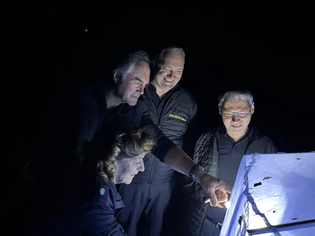 Eine kleine Gruppe Menschen schaut in ein Leuchtobjekt.