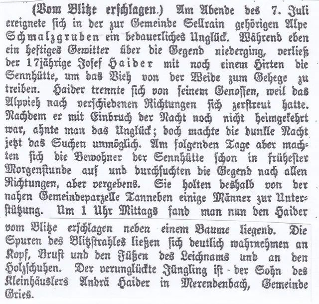 So sah der Zeitungsartikel zum Unglück auf der Schmalzgrube aus.  | Foto: Andreas Hofer. Wochenblatt für das Tyroler Volk, 9. Jg., Nr. 28, Innsbruck, S. 251–252: Vom Blitze erschlagen. 