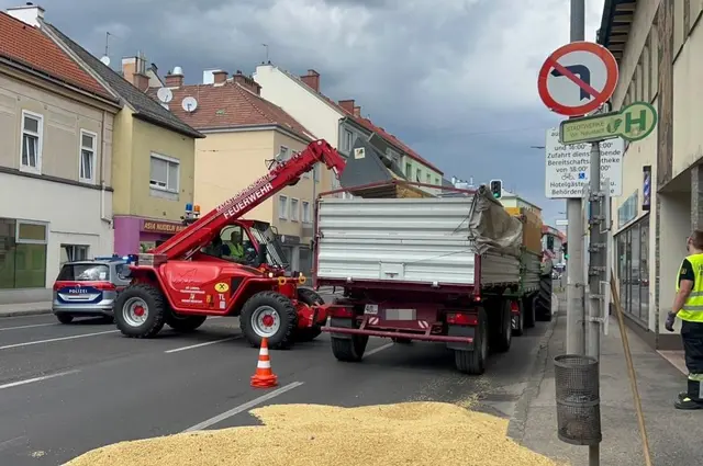 Ein Traktoranhänger hatte im Bereich der Innenstadt auf der Grazer Straße Hafer verloren. | Foto: Presseteam FF Wr. Neustadt