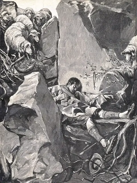 Der Holzstich von Richard Mahn „Der verunglückte Hirt“ und seine Schafe aus dem Jahr 1897 zeigt, wie schnell ein Leben in den Almen zu Ende gehen kann.  | Foto: Bildarchiv Georg Jäger