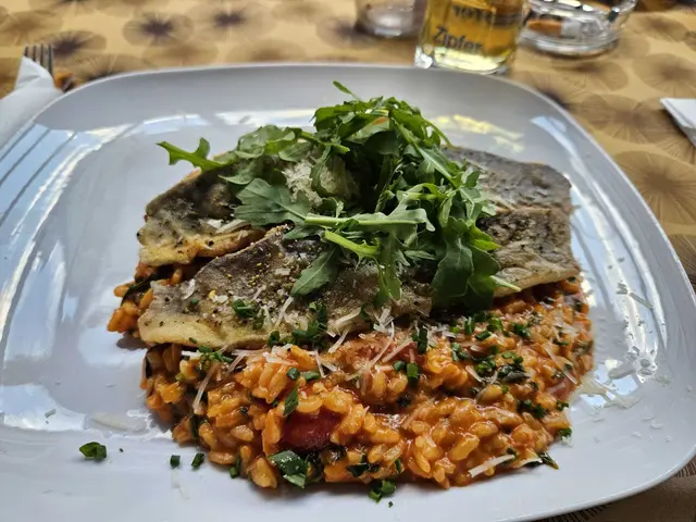 Gebratenes Saiblingsfilet auf Tomaten-Rucola-Risotto: Der Saibling überzeugt mit hoher Qualität, das Risotto erinnert jedoch eher an einen klassischen Tomatenreis.