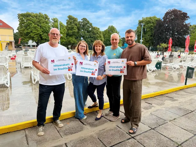Gesundheits-Stadtrat Stephan Schimanowa, Bürgerservice-Stadträtin Barbara Kreuzer, Bürgermeisterin Silvia Drechsler, Stadtrat für städtische Betriebe Markus Gilly und Stadtbadleiter Gemeinderat Mehmed Alajbeg (von links) präsentieren den Rabatt.
 | Foto: Bernhard Garaus