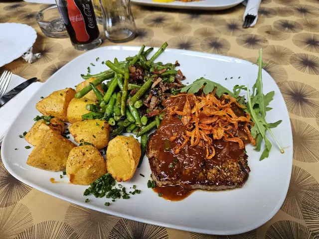 Perfekt gebratener Zwiebelrostbraten mit Speckbohnen und Bratkartoffeln – lediglich etwas mehr Sauce wäre wünschenswert gewesen.