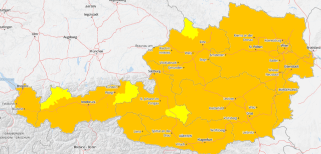 Am Wochenende ist beinahe ganz Österreich in "orange" gefärbt. | Foto: Screenshot GeoSphere Austria