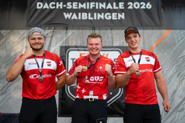 Beim entscheidenden DACH-Semifinale schafften es die beiden Kärntner Simon Oberzaucher (links) und Florian Unterwandling (rechts) gemeinsam aufs Podium. | Foto: STIHL TIMBERSPORTS®