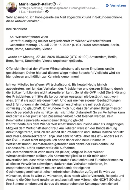 In einem Facebook-Posting macht die ehemalige ÖVP-Ministerin Maria Rauch-Kallat ihrem Ärger über die Vorgänge beim Wiener Wirtschaftsbund Luft.  | Foto: LinkedIn