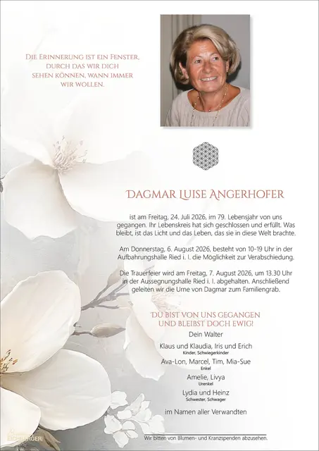 Dagmar Luise Angerhofer, Ried, verstorben am 24. Juli, im 79. Lebensjahr.