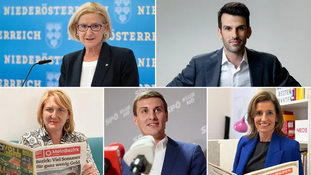 Die kostenlosen Regionalmedien sind im Grunde unverzichtbar – so der Tenor unter NÖs Partei-Chefinnen und -Chefs Johanna Mikl-Leitner (ÖVP), Udo Landbauer (FPÖ), Sven Hergovich (SPÖ), Helga Krismer (GRÜNE) und Indra Collini (NEOS). | Foto: NLK, FPÖ NÖ, SPÖ NÖ, GRÜNE, NEOS