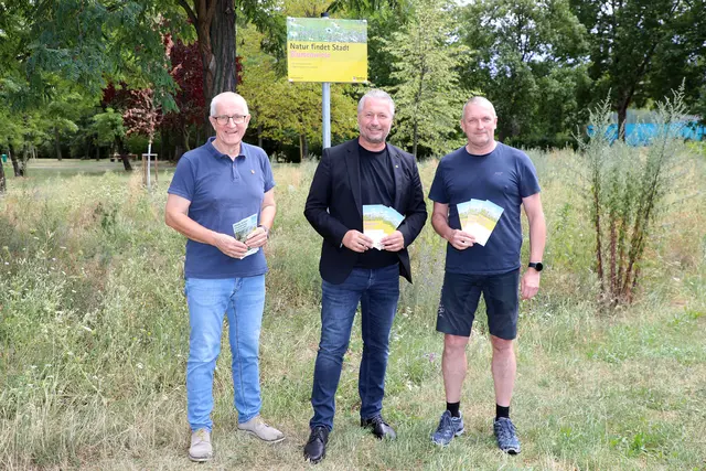 v.li.n.re.: „Blumenwiese“: Franz Dorn (Initiative KREMSER KLIMABAUM), Bürgermeister Peter Molnar und Eduard Pauer, Leiter des Stadtgartenamts vor der Blumenwiese im Mitteraupark | Foto: Stadt Krems