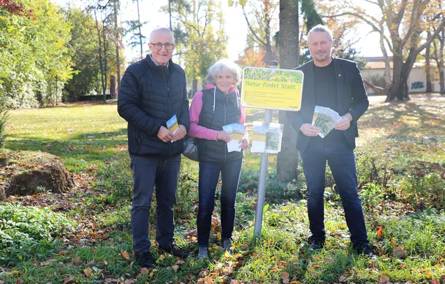 v.li.n.re.: Franz Dorn (Initiative KREMSER KLIMABAUM), Ursula Altmann (ehrenamtliche Kremser Texterin bei der Initiative KREMSER KLIMABAUM) und Bürgermeister Peter Molnar vor einer wilden Ecke im Kremser Stadtpark | Foto: Stadt Krems