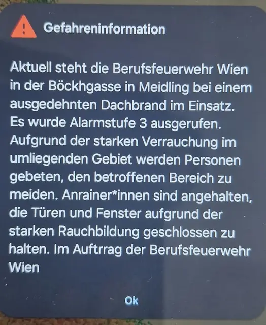 Anrainerinnen und Anrainer sowie Personen, die sich in der Umgebung aufhalten, bekamen eine AT-Alert-Meldung auf ihr Handy, wie MeinBezirk erfahren konnte. | Foto: zVg