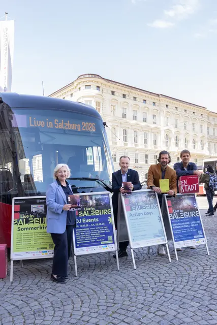 Live in Salzburg 2026. Im Bild: v.l.: Sozialstadträtin Andrea Brandner, Bürgermeister Bernhard Auinger, Abteilungsvorstand für Soziales Patrick Pfeifenberger, Projektleiter Live in Salzburg Lukas Holzmann | Foto: Martin&amp;Klein