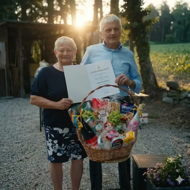 Veronika und Franz Lengauer freuen sich über Geschenkkorb und Ehrenurkunde zu ihrer Goldenen Hochzeit.
 | Foto: Gemeinde Roßbach