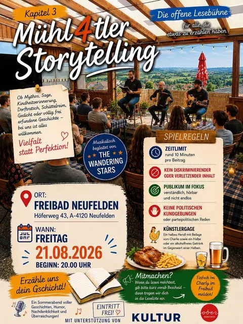 Storytelling im Freibad - ein Abend zum Staunen, Lachen und Geniessen, musikalisch begleitet von den Wandering Boys | Foto: created by Neufeldner Kunst- und Kuturverein e.V.