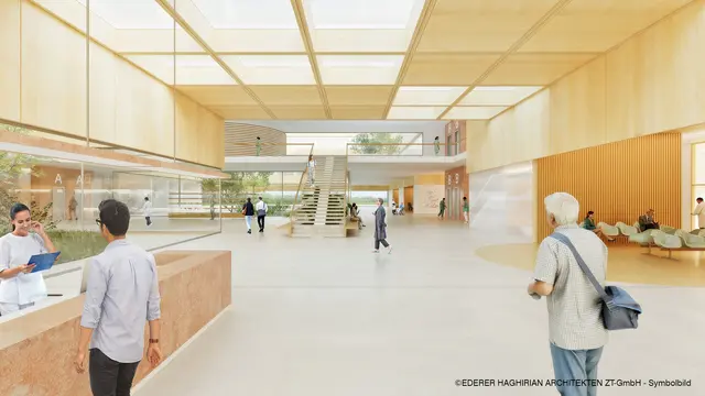 Besucherinnen und Besucher können sich via VR-Brille mitten in der Magistrale der neuen Klinik Gols umsehen.  | Foto: Ederer, Haghirian Architekten ZT 