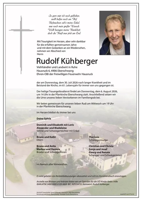Rudolf Kühberger, Eberschwang, verstorben am 30. Juli, im 61. Lebensjahr.
