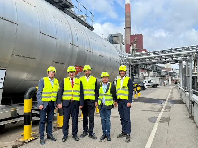 Vogtenhuber, Winkler, Schobesberger und Maier (v.l.) mit Christoph Gneiß von der Lenzing AG vor der Power-to-Heat-Anlage. | Foto: Peter Schobesberger