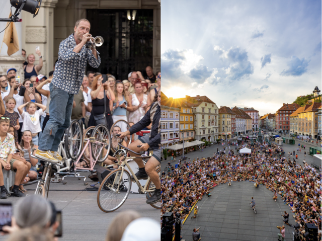 Bild 1: Ein Mann steht am Lenker eines fahrenden Fahrrads und spielt dabei Trompete. Bild 2: Eine große Menge Menschen kommt an einem frühen Sommerabend am Hauptplatz in Graz zusammen und sehen sich eine Vorstellung an.