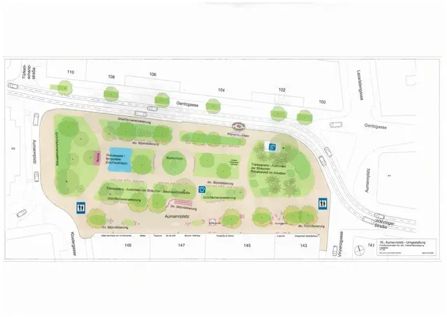 Der Aumannplatz soll laut des Grobkonzeptes keine vom Verkehr eingeschlossene grüne Insel mehr sein. Der Abschnitt der Währinger Straße soll zur Fußgängerzone werden.  | Foto: Karl Grimm Landschaftsarchitekten