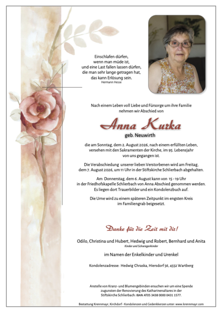 Anna Kurka ✝︎ 02.08.2026 | Foto: Bestattung Krennmayr