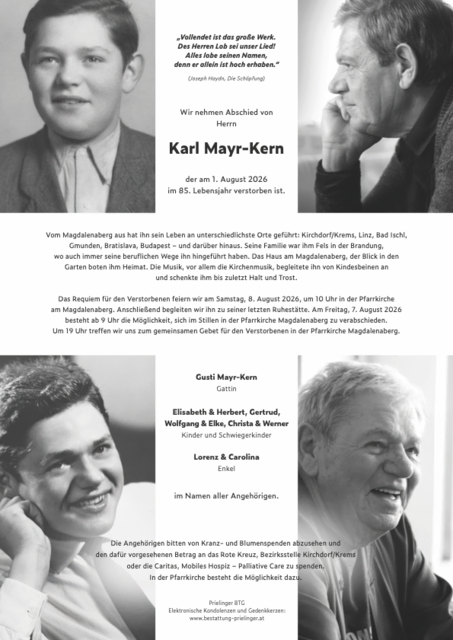 Karl Mayr-Kern ✝︎ 01.08.202 | Foto: Bestattung Prielinger