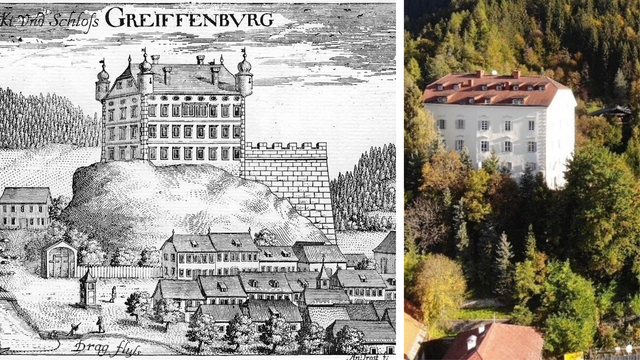 Das heiß umkämpfte Schloss Greifenburg im Jahre 1680 nach Johann Weichard von Valvasor und heute | Foto: WikiMedia Commons/Schloss Greifenburg