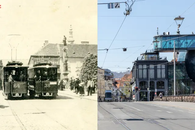 Einst &amp; Jetzt Teil 1: Die Serie startete im April 2020 mit einem Vergleichsfoto auf der Grazer Hauptbrücke (damals noch Franz-Karl-Brücke, heute Erzherzog-Johann-Brücke). | Foto: Sammlung Kubinzky/Konstantinov