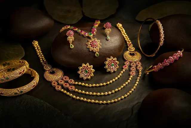 Goldschmuck mit Rubinen, Smaragden und filigranem Blattwerk – wertvolle Erbstücke wie diese lassen sich bei Juwelier Sascha zerstörungsfrei und transparent bewerten. | Foto: Unsplash / PRAHANT STUDIO