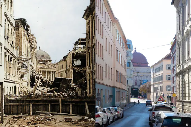 Die zerbombte Burggasse: Im Hintergrund des historischen Fotos ist an der Oper Graz noch der einstige Portikus zu erkennen. Dieser wurde aufgrund der Schäden abgetragen. | Foto: Sammlung Kubinzky/Konstantinov