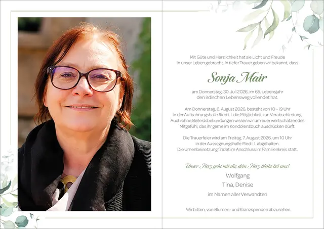 Sonja Mair, Hohenzell, verstorben am 30. Juli, im 65. Lebensjahr.