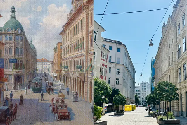 Heute würde man wohl von "Fake News" sprechen: Maler Alois Kasimir verortete eine Straßenbahnlinie in der Landhausgasse, die es hier nie gegeben hat. | Foto: Sammlung Kubinzky/MeinBezirk
