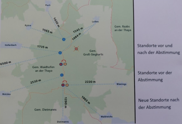 Plan zum Projektstatus für neue Windräder. Die Pfeile zeigen die Auswirkungen der Volksbefragungen hinsichtlich der Standorte. | Foto: IG Waldviertel
