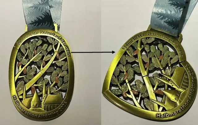 Die eigens gestaltete, verdrehbare Medaille in Herzform ist das Markenzeichen des Altöttinger Laufs. | Foto: Organisationsteam Halbmarathon Altötting