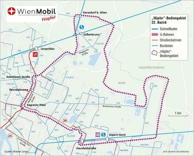 Das Bediengebiet des Hüpfers in der Donaustadt. | Foto: Wiener Linien
