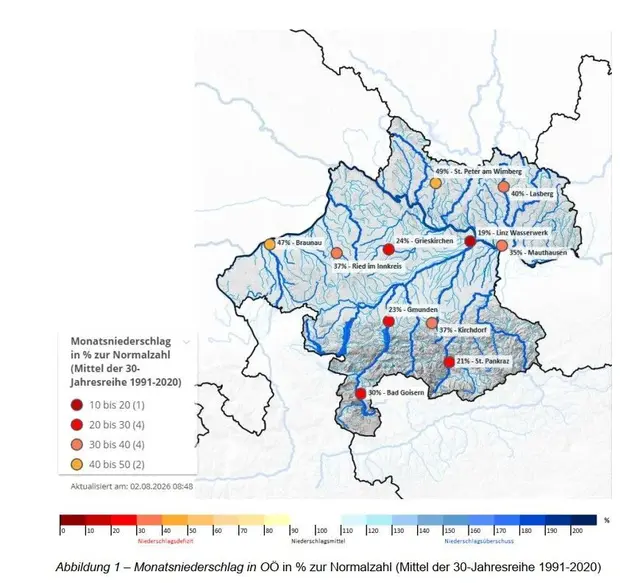 Der Monatsniederschlag in OÖ in Prozent zur Normalzahl (Mittel der 30-Jahresreihe 1991-2020). | Foto: Land OÖ