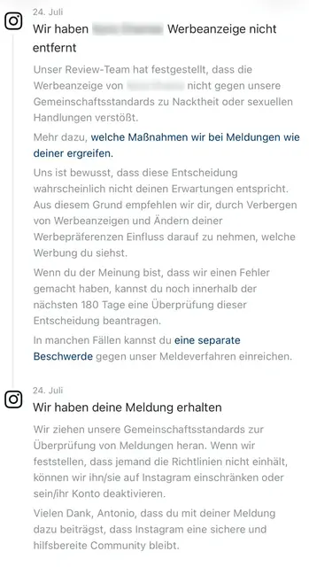 Solche Antworten kommen von Instagrams "Review-Team". | Foto: Screenshot Instagram