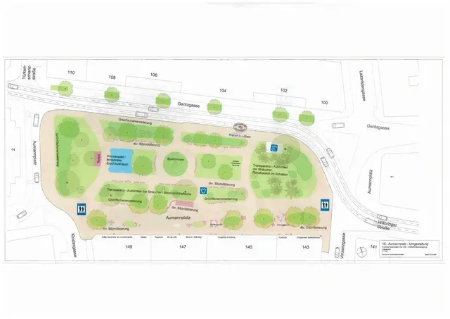 Der Aumannplatz soll laut des Grobkonzeptes keine vom Verkehr eingeschlossene grüne Insel mehr sein. Der Abschnitt der Währinger Straße soll zur Fußgängerzone werden.  | Foto: Karl Grimm Landschaftsarchitekten