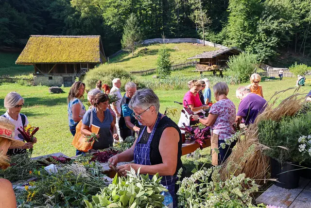 Besucher beim Kräuterbüschelbinden