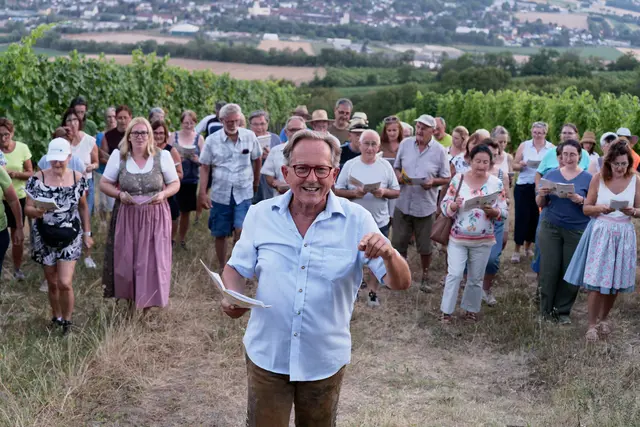 Gemeinsames Singen mit traumhaftem Ausblick über das Viendorfer Weingebirge. | Foto: Peter Posepny