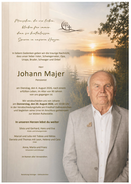 Johann Majer aus Engerwitzdorf, ✝︎ 90 Jahre | Foto: Bestattung Holzinger