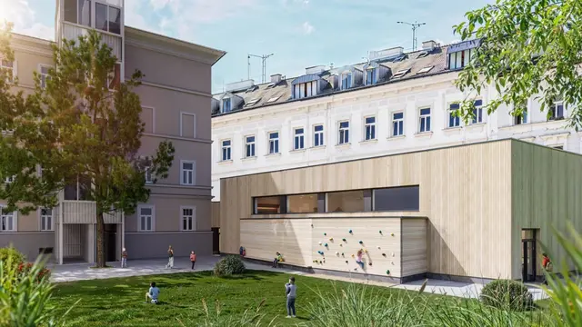 Die Planung von Architekt Peter Mensdorff-Pouilly sieht auch vor, eine kleine Kletterwand für die Kinder zur Verfügung zu stellen - doch zuerst muss ein Kran her. | Foto:  VIZ A VIE – Visuals