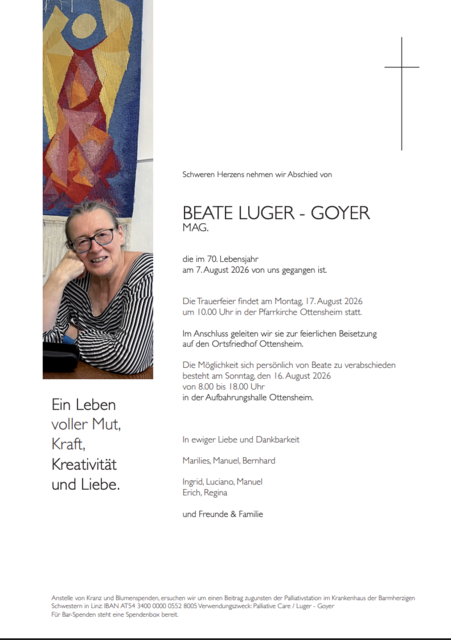 Beate Luger-Goyer aus Ottensheim, ✝︎ 69 Jahre | Foto: Bestattung Smrekar