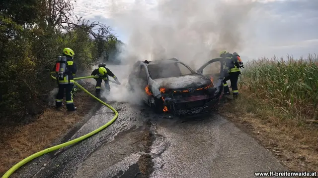 Mehrere Feuerwehren standen beim Fahrzeugbrand Richtung Dietersdorf im Einsatz. | Foto: FF Breitenwaida