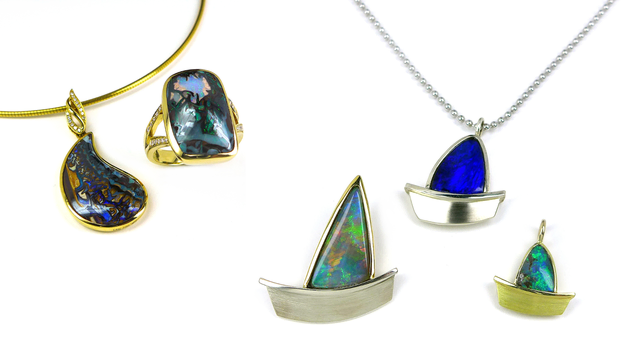 Ring und Anhänger - Boulderopal Gelbgold - Brillanten &amp; Anhänger Segelboote mit Boulderopal - Silber/Gold | Foto: Thamm