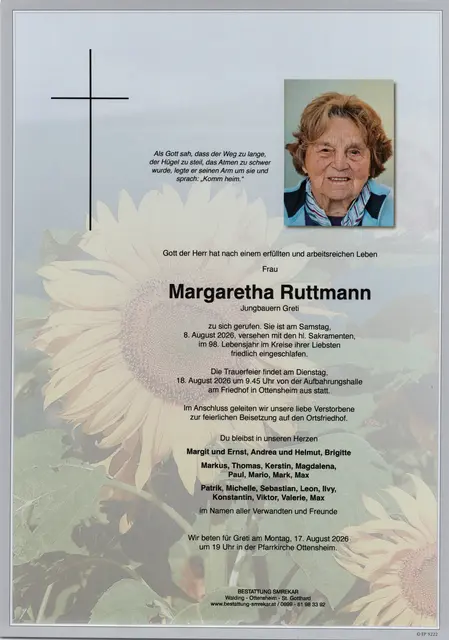Margaretha Ruttmann aus Ottensheim, ✝︎ 97 Jahre | Foto: Bestattung Smrekar