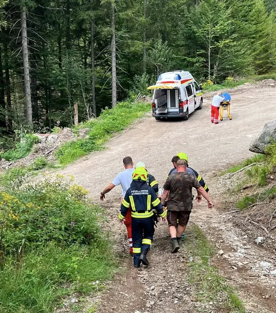 Die Feuerwehrkameraden trugen die Verletzte zum Rettungsauto.  | Foto: FF Schwarzenberg